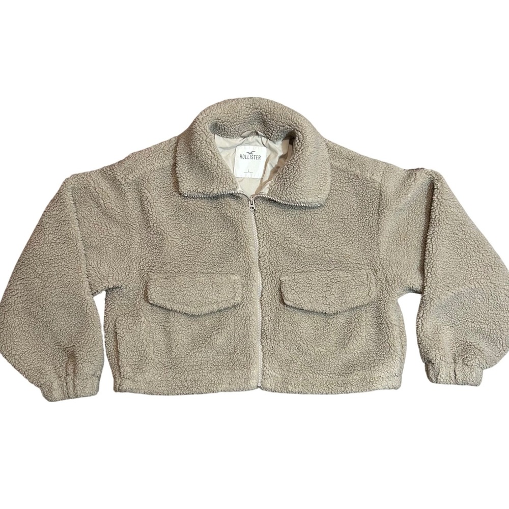 Hollister Fuzzy Sherpa Cropped‎ Jacket Size Large Beige Full Zip Collar Pockets